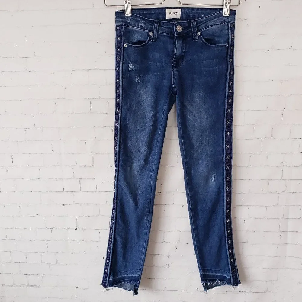 Hudson Girls Jeans Size 12 Dark Wash Distressed Star Studs Stretch Raw Hem